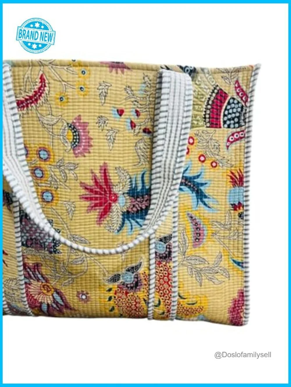 Floral Quilted Cotton Shoulder Tote Bag Handblock Printed Open Top Shopping Tote